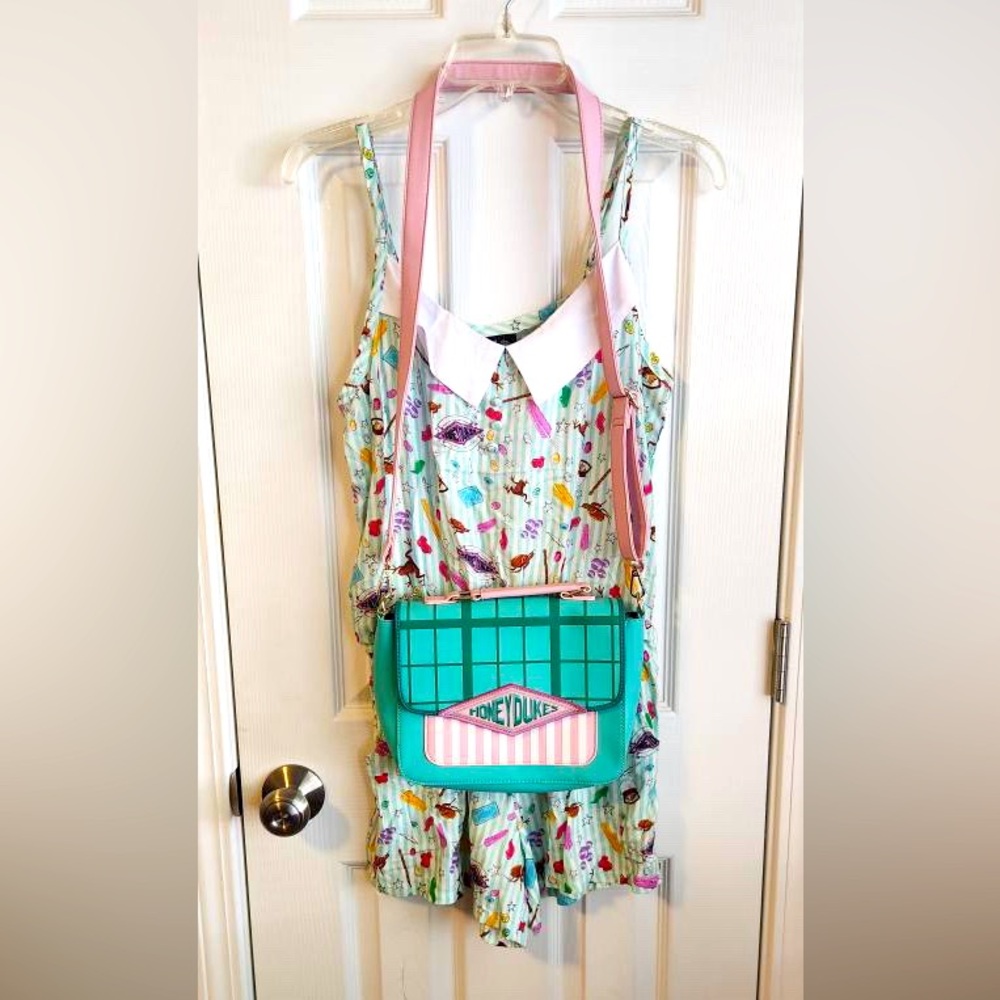 Hot Topic Loungefly Honeydukes Crossbody Bag & Harry Potter Honeyduke's Romper